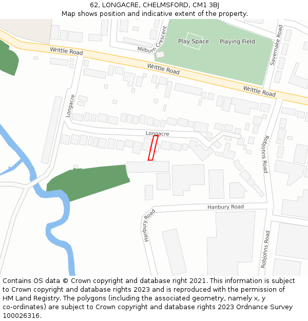 62, LONGACRE, CHELMSFORD, CM1 3BJ: Location map and indicative extent of plot