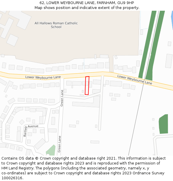 62, LOWER WEYBOURNE LANE, FARNHAM, GU9 9HP: Location map and indicative extent of plot