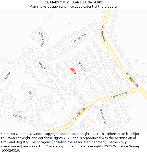 62, MAES Y GLO, LLANELLI, SA14 9PZ: Location map and indicative extent of plot