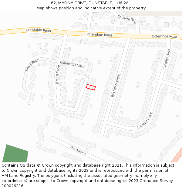 62, MARINA DRIVE, DUNSTABLE, LU6 2AH: Location map and indicative extent of plot