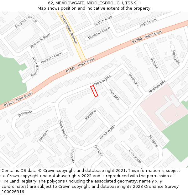 62, MEADOWGATE, MIDDLESBROUGH, TS6 9JH: Location map and indicative extent of plot