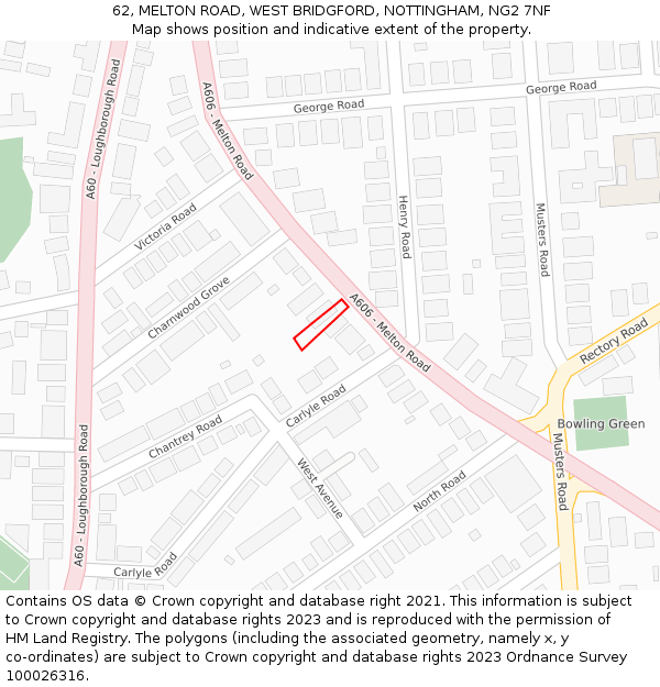 62, MELTON ROAD, WEST BRIDGFORD, NOTTINGHAM, NG2 7NF: Location map and indicative extent of plot