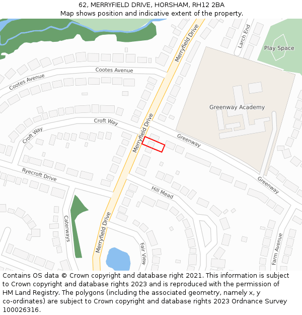 62, MERRYFIELD DRIVE, HORSHAM, RH12 2BA: Location map and indicative extent of plot