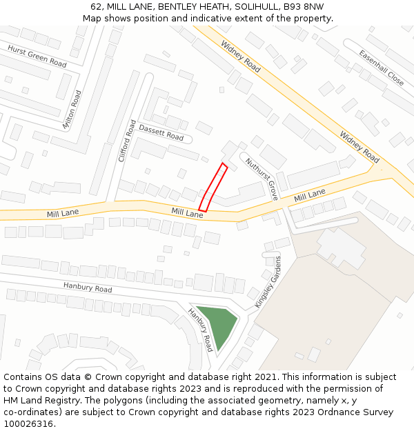 62, MILL LANE, BENTLEY HEATH, SOLIHULL, B93 8NW: Location map and indicative extent of plot