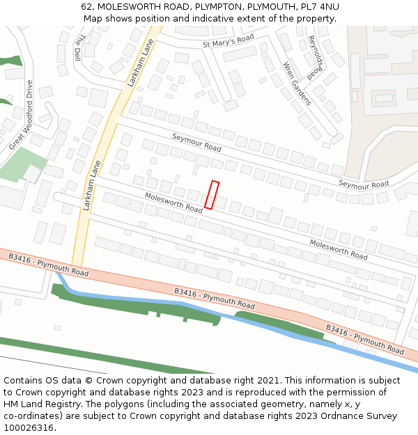 62, MOLESWORTH ROAD, PLYMPTON, PLYMOUTH, PL7 4NU: Location map and indicative extent of plot