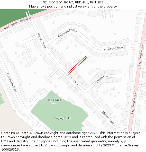 62, MONSON ROAD, REDHILL, RH1 2EZ: Location map and indicative extent of plot