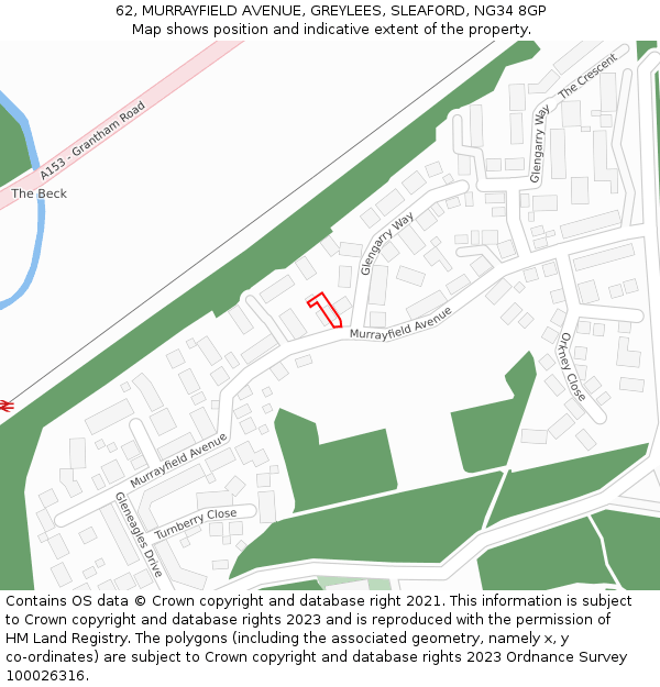 62, MURRAYFIELD AVENUE, GREYLEES, SLEAFORD, NG34 8GP: Location map and indicative extent of plot