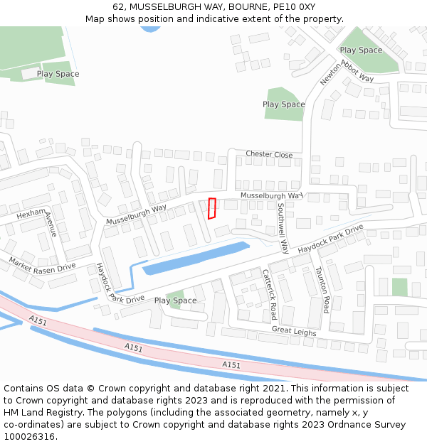 62, MUSSELBURGH WAY, BOURNE, PE10 0XY: Location map and indicative extent of plot