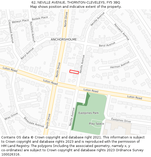 62, NEVILLE AVENUE, THORNTON-CLEVELEYS, FY5 3BQ: Location map and indicative extent of plot