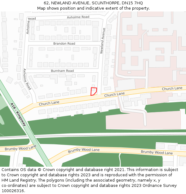 62, NEWLAND AVENUE, SCUNTHORPE, DN15 7HQ: Location map and indicative extent of plot