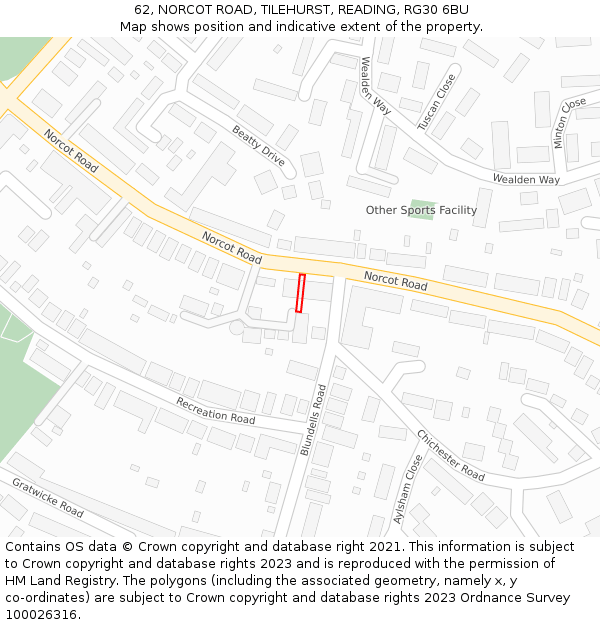 62, NORCOT ROAD, TILEHURST, READING, RG30 6BU: Location map and indicative extent of plot