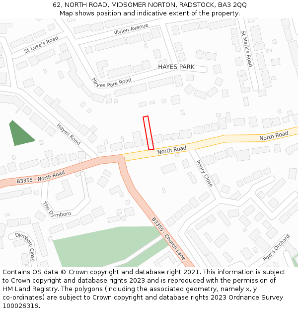 62, NORTH ROAD, MIDSOMER NORTON, RADSTOCK, BA3 2QQ: Location map and indicative extent of plot