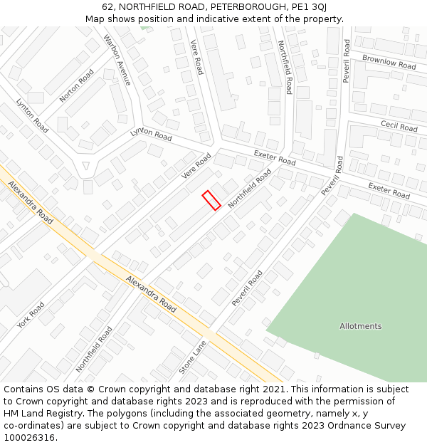 62, NORTHFIELD ROAD, PETERBOROUGH, PE1 3QJ: Location map and indicative extent of plot