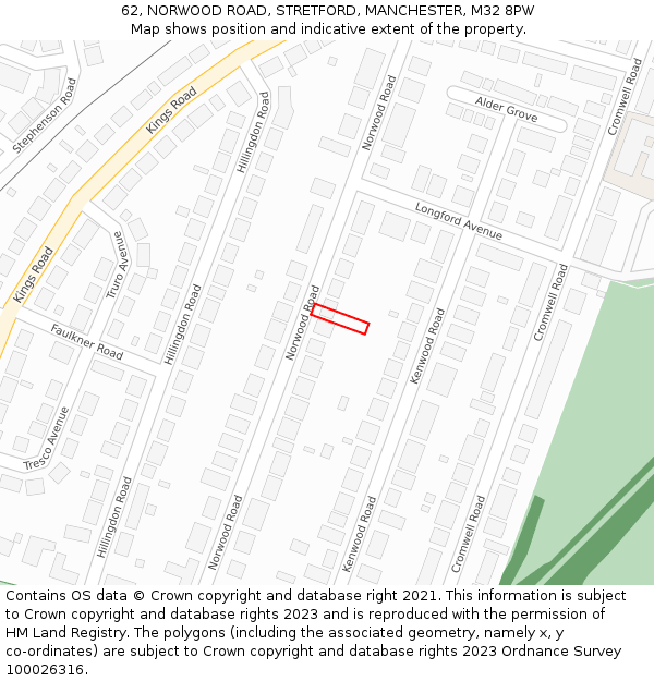 62, NORWOOD ROAD, STRETFORD, MANCHESTER, M32 8PW: Location map and indicative extent of plot