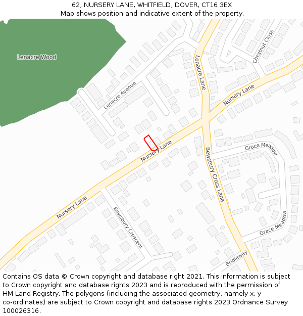 62, NURSERY LANE, WHITFIELD, DOVER, CT16 3EX: Location map and indicative extent of plot