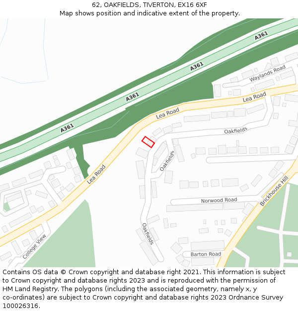 62, OAKFIELDS, TIVERTON, EX16 6XF: Location map and indicative extent of plot