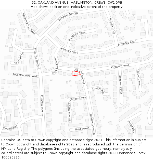 62, OAKLAND AVENUE, HASLINGTON, CREWE, CW1 5PB: Location map and indicative extent of plot