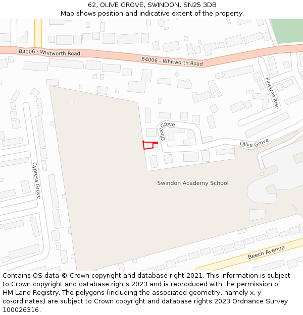 62, OLIVE GROVE, SWINDON, SN25 3DB: Location map and indicative extent of plot