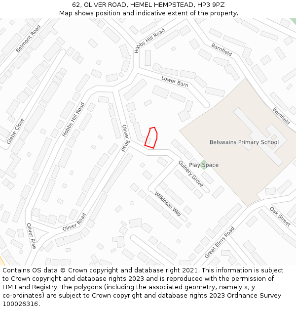 62, OLIVER ROAD, HEMEL HEMPSTEAD, HP3 9PZ: Location map and indicative extent of plot