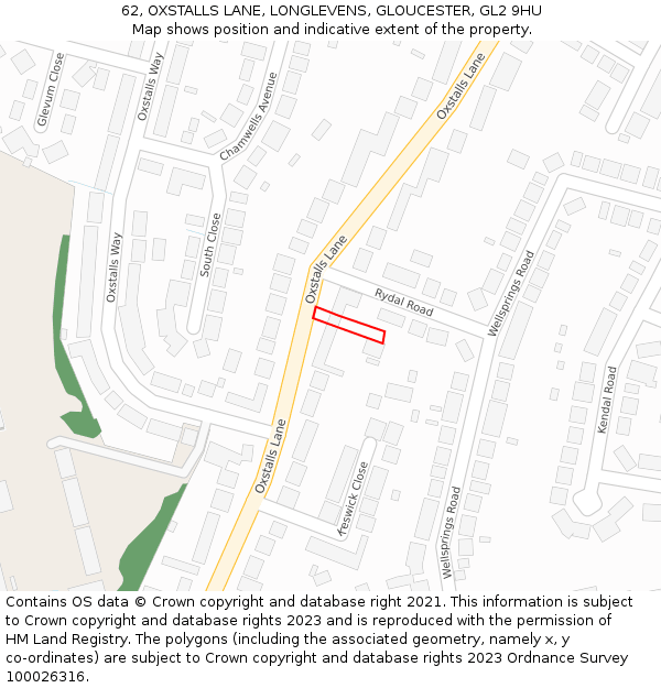 62, OXSTALLS LANE, LONGLEVENS, GLOUCESTER, GL2 9HU: Location map and indicative extent of plot