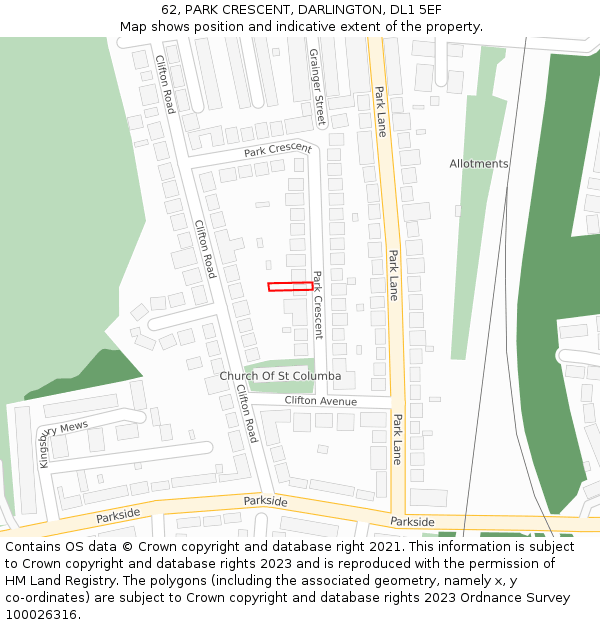 62, PARK CRESCENT, DARLINGTON, DL1 5EF: Location map and indicative extent of plot