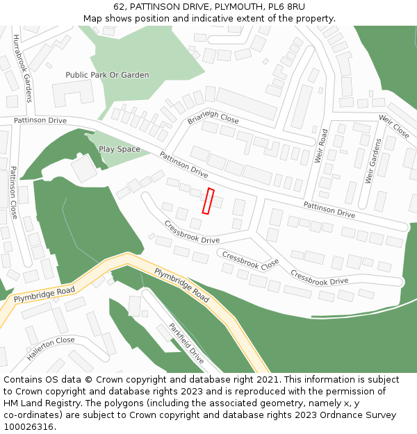 62, PATTINSON DRIVE, PLYMOUTH, PL6 8RU: Location map and indicative extent of plot