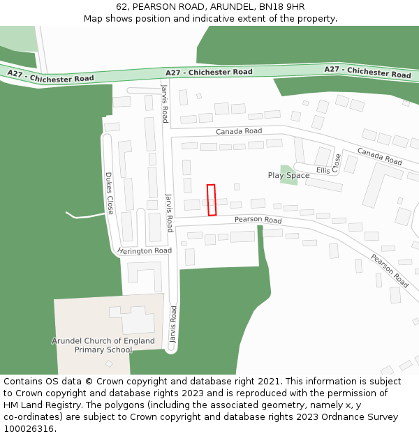 62, PEARSON ROAD, ARUNDEL, BN18 9HR: Location map and indicative extent of plot