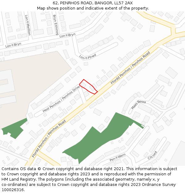 62, PENRHOS ROAD, BANGOR, LL57 2AX: Location map and indicative extent of plot