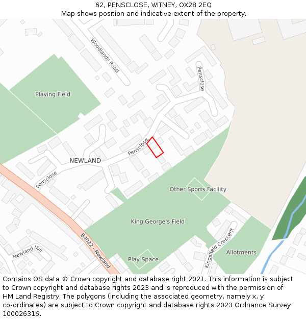 62, PENSCLOSE, WITNEY, OX28 2EQ: Location map and indicative extent of plot