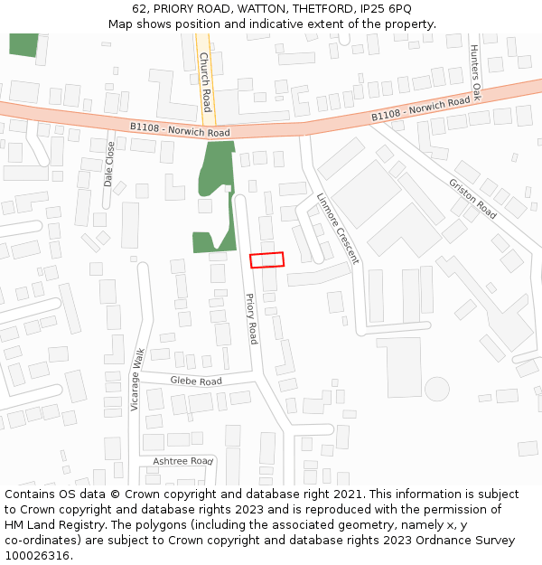 62, PRIORY ROAD, WATTON, THETFORD, IP25 6PQ: Location map and indicative extent of plot