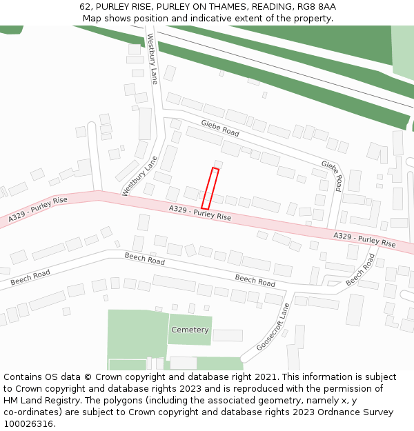 62, PURLEY RISE, PURLEY ON THAMES, READING, RG8 8AA: Location map and indicative extent of plot