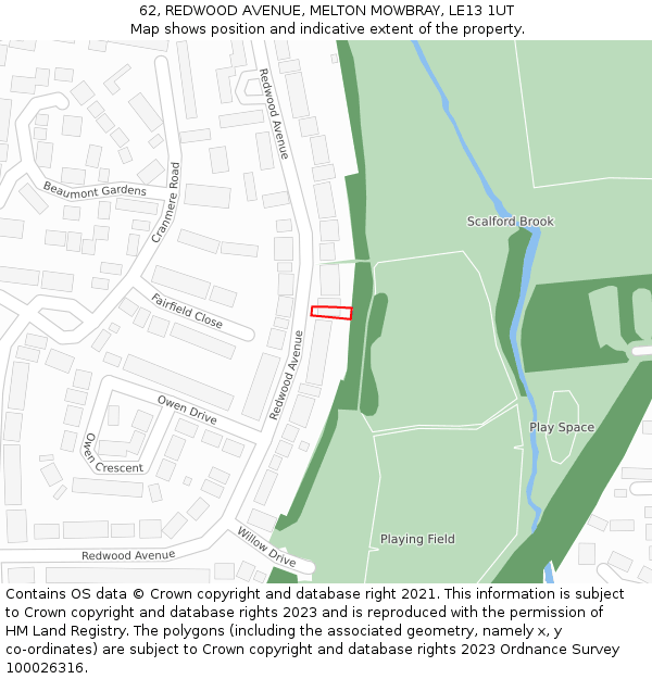 62, REDWOOD AVENUE, MELTON MOWBRAY, LE13 1UT: Location map and indicative extent of plot