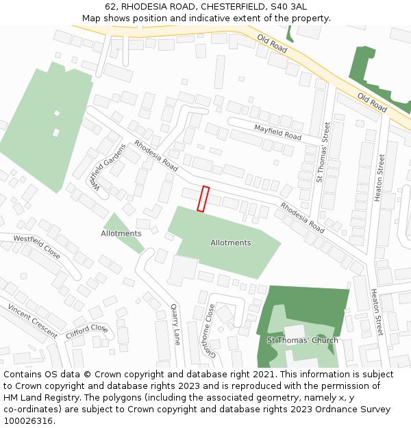 62, RHODESIA ROAD, CHESTERFIELD, S40 3AL: Location map and indicative extent of plot