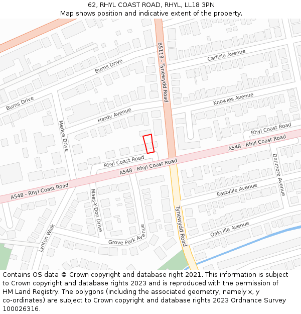 62, RHYL COAST ROAD, RHYL, LL18 3PN: Location map and indicative extent of plot