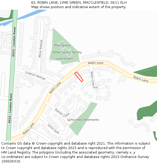 62, ROBIN LANE, LYME GREEN, MACCLESFIELD, SK11 0LH: Location map and indicative extent of plot