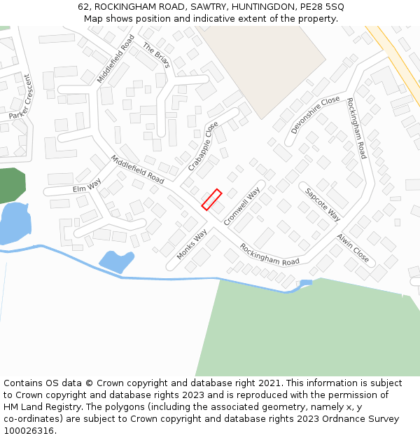 62, ROCKINGHAM ROAD, SAWTRY, HUNTINGDON, PE28 5SQ: Location map and indicative extent of plot