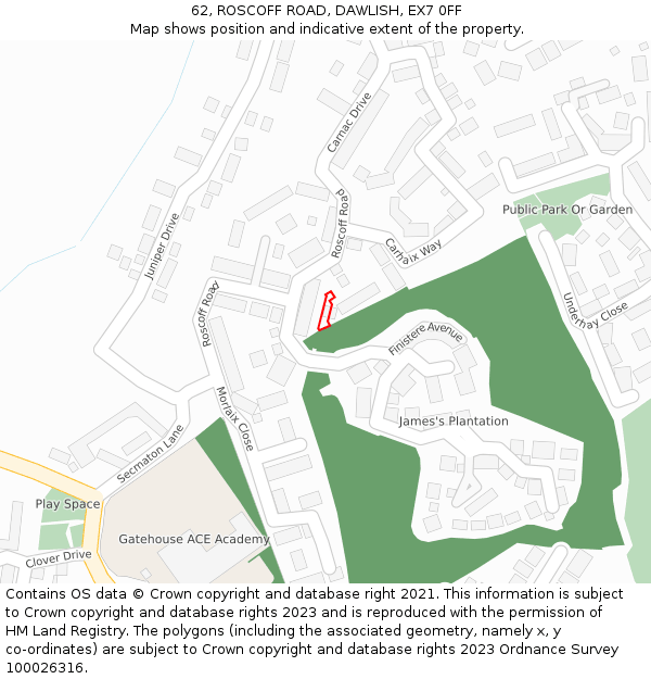 62, ROSCOFF ROAD, DAWLISH, EX7 0FF: Location map and indicative extent of plot