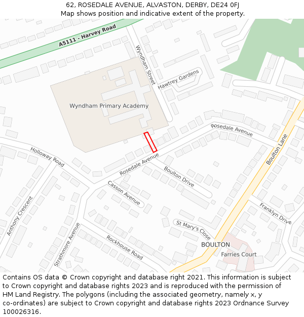 62, ROSEDALE AVENUE, ALVASTON, DERBY, DE24 0FJ: Location map and indicative extent of plot