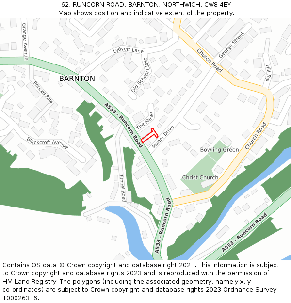 62, RUNCORN ROAD, BARNTON, NORTHWICH, CW8 4EY: Location map and indicative extent of plot