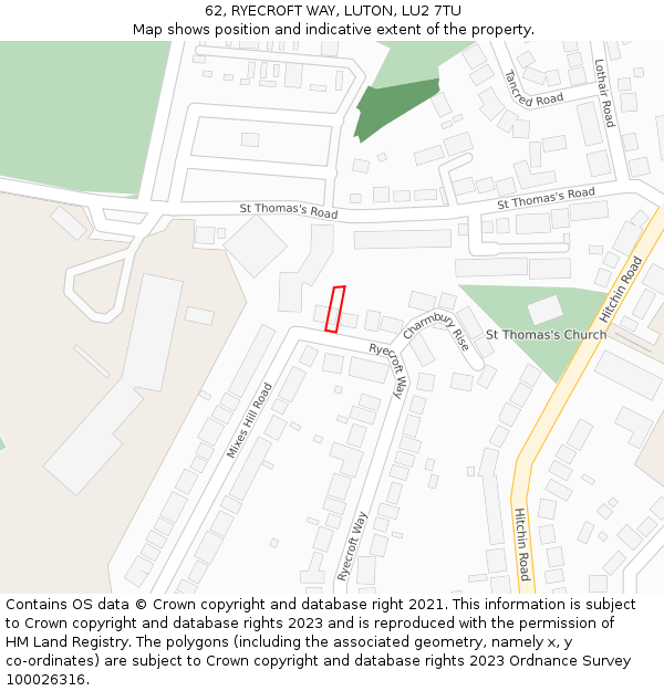62, RYECROFT WAY, LUTON, LU2 7TU: Location map and indicative extent of plot