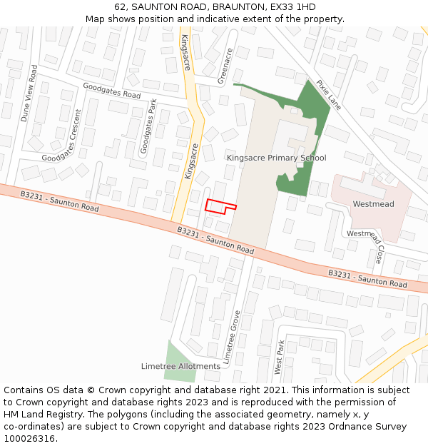 62, SAUNTON ROAD, BRAUNTON, EX33 1HD: Location map and indicative extent of plot