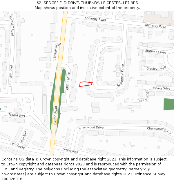 62, SEDGEFIELD DRIVE, THURNBY, LEICESTER, LE7 9PS: Location map and indicative extent of plot