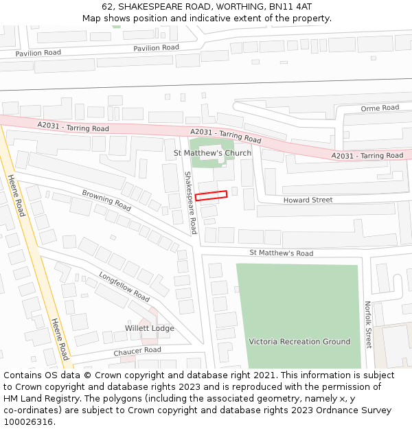 62, SHAKESPEARE ROAD, WORTHING, BN11 4AT: Location map and indicative extent of plot