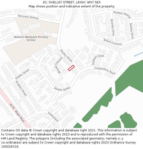 62, SHELLEY STREET, LEIGH, WN7 5EX: Location map and indicative extent of plot