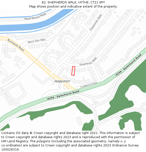 62, SHEPHERDS WALK, HYTHE, CT21 6PY: Location map and indicative extent of plot