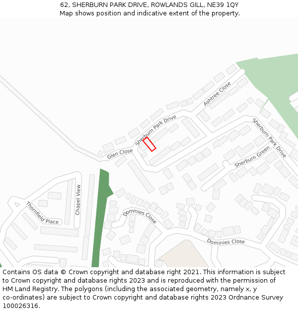 62, SHERBURN PARK DRIVE, ROWLANDS GILL, NE39 1QY: Location map and indicative extent of plot