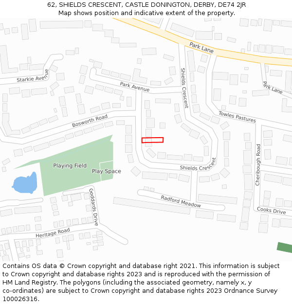 62, SHIELDS CRESCENT, CASTLE DONINGTON, DERBY, DE74 2JR: Location map and indicative extent of plot