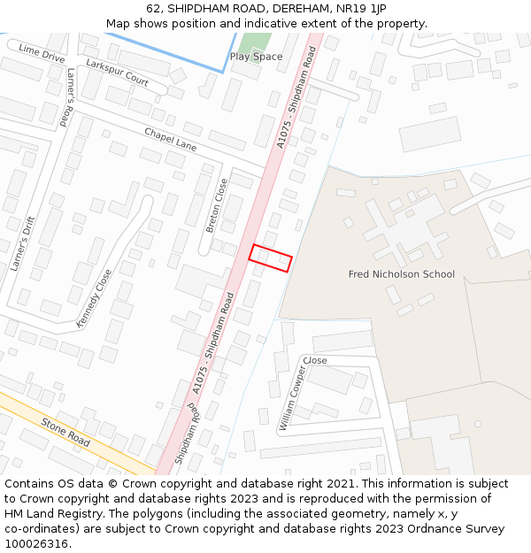 62, SHIPDHAM ROAD, DEREHAM, NR19 1JP: Location map and indicative extent of plot