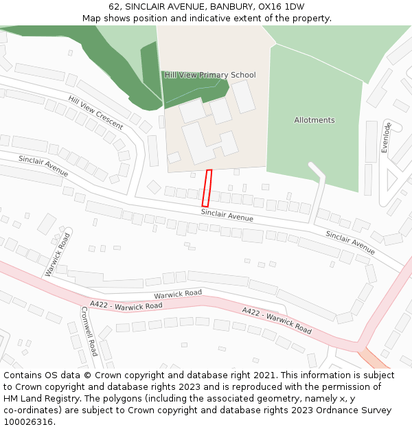 62, SINCLAIR AVENUE, BANBURY, OX16 1DW: Location map and indicative extent of plot