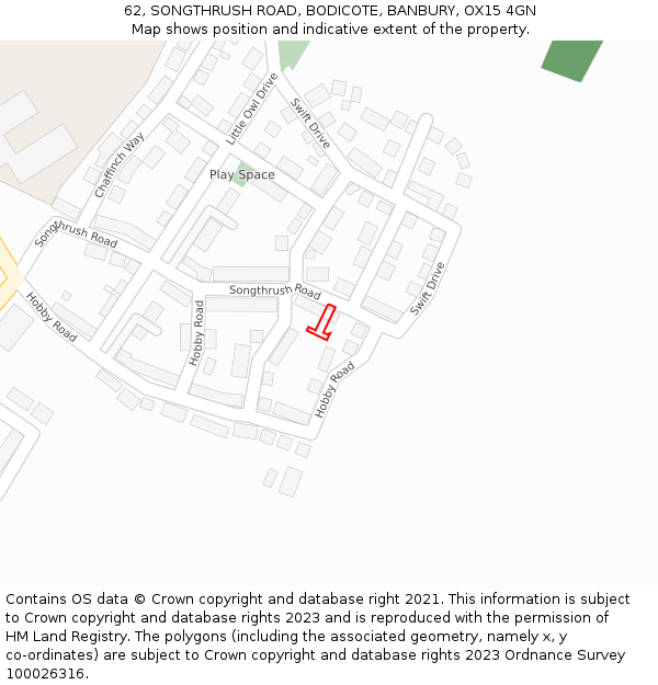 62, SONGTHRUSH ROAD, BODICOTE, BANBURY, OX15 4GN: Location map and indicative extent of plot